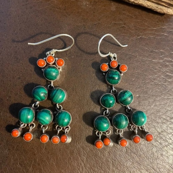 Sterling Silver Malachite & Coral earrings - Picture 7 of 7